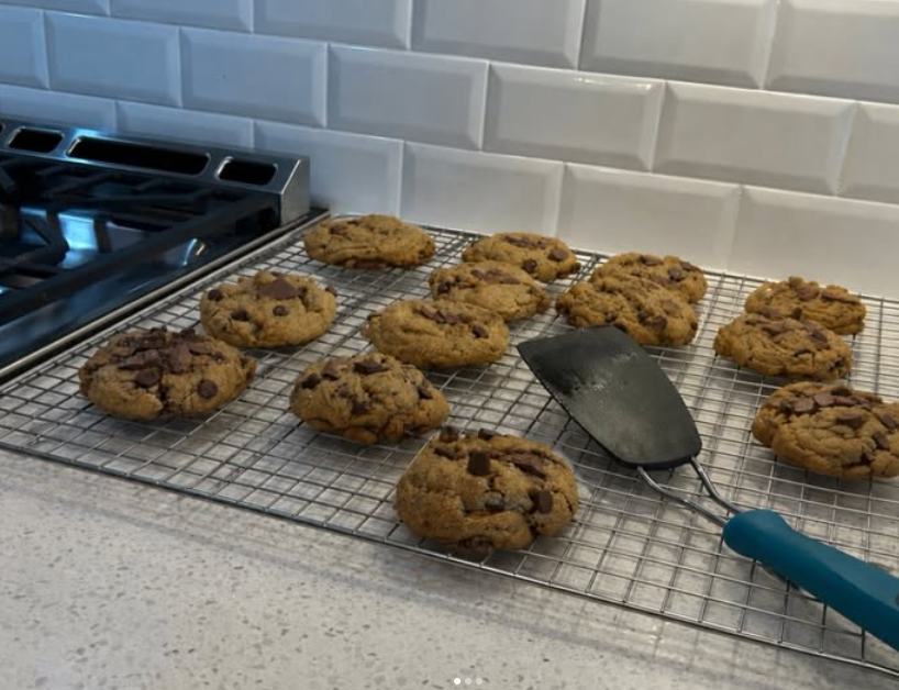 Chocolate chip cookies cooling on a rack