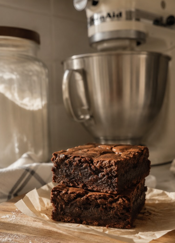 Stack of brownies beside a stand mixer