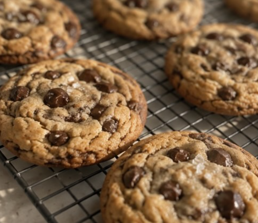 Chocolate chip cookies cooling on a rack